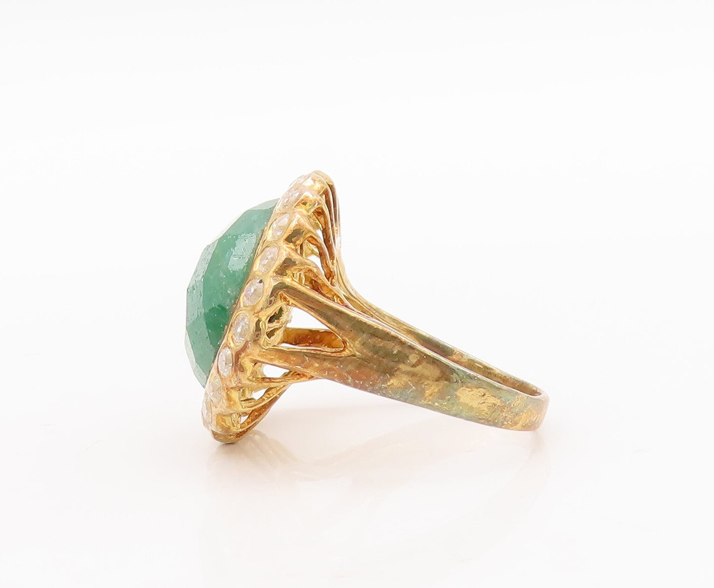 925 Sterling Silver Vintage Ring Gold Plated Green Gemstone Halo CZ Sz 6 RG29285
