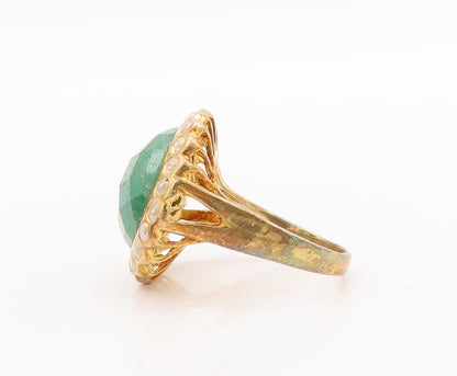 925 Sterling Silver Vintage Ring Gold Plated Green Gemstone Halo CZ Sz 6 RG29285