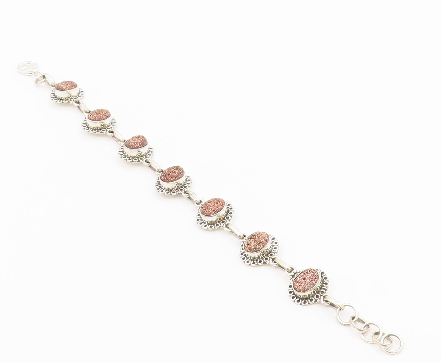 925 Sterling Silver  Druzy Stone Shiny Floral Link Chain Bracelet  BT3641