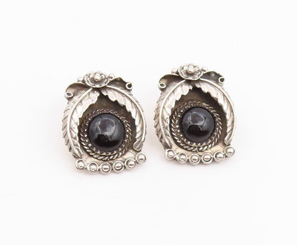 925 Sterling Silver Vintage Earrings NAVAJO Black Onyx Floral Leaf Motif EG14216