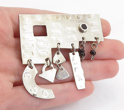 MEXICO 925 Silver  Vintage Black Onyx Dangling Charm Beads Brooch Pin  BP2080