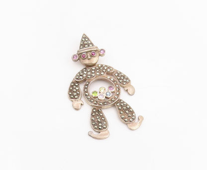 925 Sterling Silver Vintage Pendant Multi Gemstone Dancing Clown MOVES  PT25169
