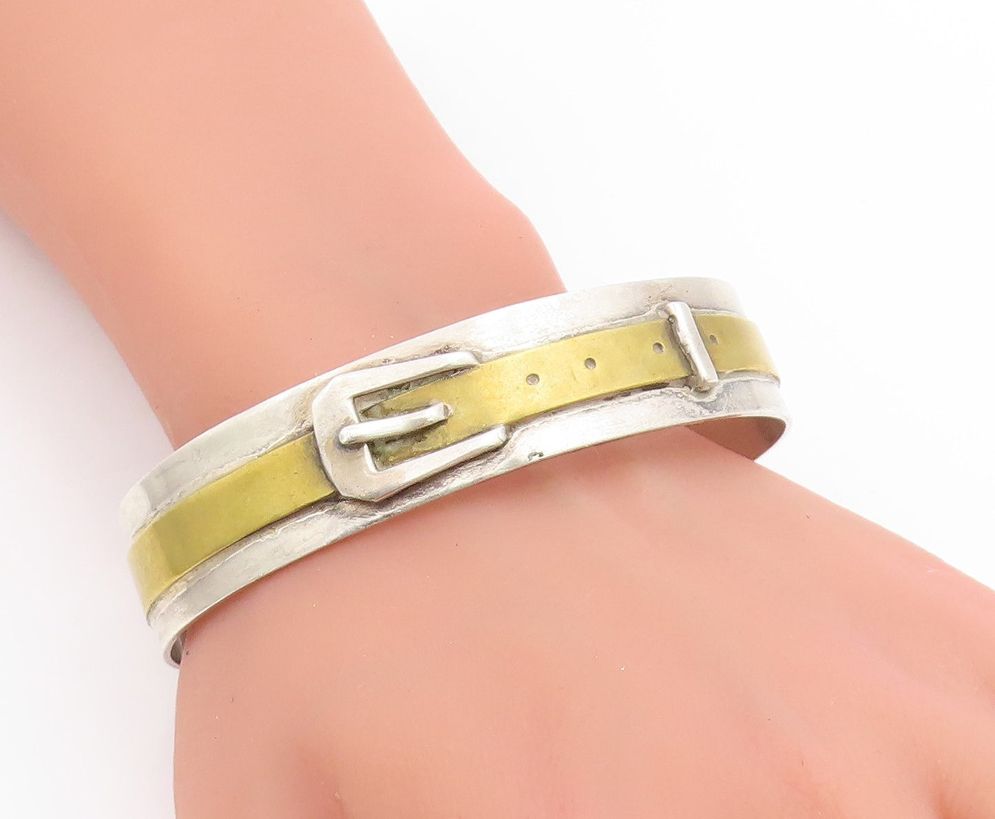 925 Sterling Silver Vintage Bracelet GIDEON Two Tone Belt Buckle Cuff  BT11815