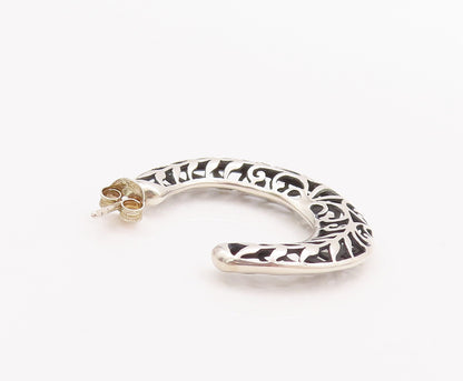 925 Sterling Silver Vintage Earrings Solid Swirly Carved Open Hoops  EG12983