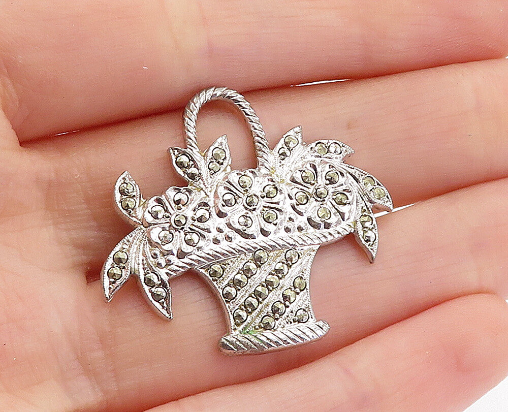 925 Sterling Silver  Vintage Sparkling Flower Basket Motif Brooch Pin  BP2223