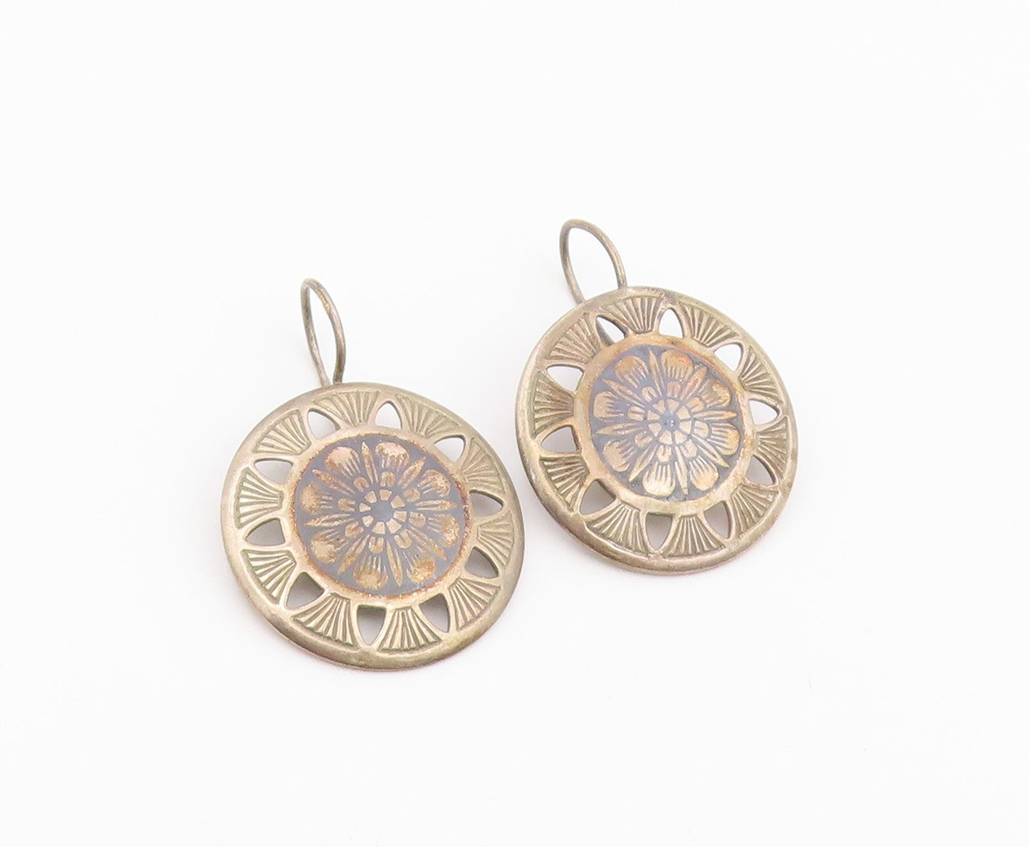 925 Sterling Silver Vintage Earrings Bold Etched Floral Mandala Cutout  EG14481