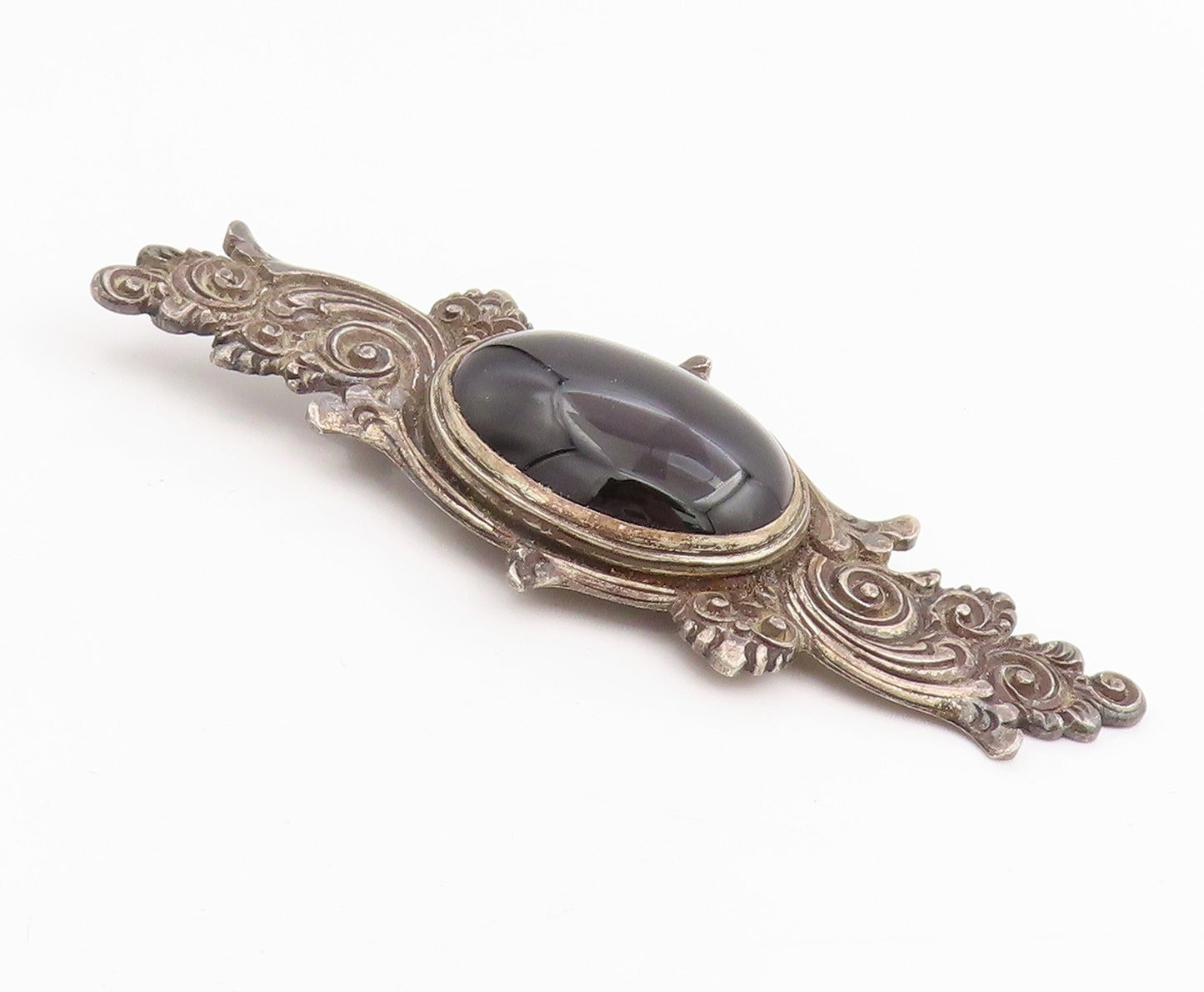925 Sterling Silver Vintage Brooch Cabochon Onyx Etched Bali Floral Pin  BP12000