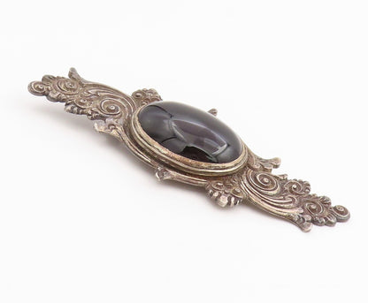 925 Sterling Silver Vintage Brooch Cabochon Onyx Etched Bali Floral Pin  BP12000