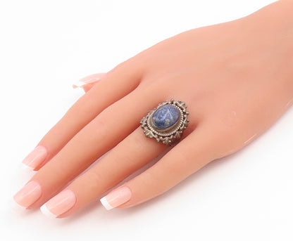 925 Sterling Silver Vintage Ring Cabochon Lapis Lazuli Flower  Sz 8  RG36886