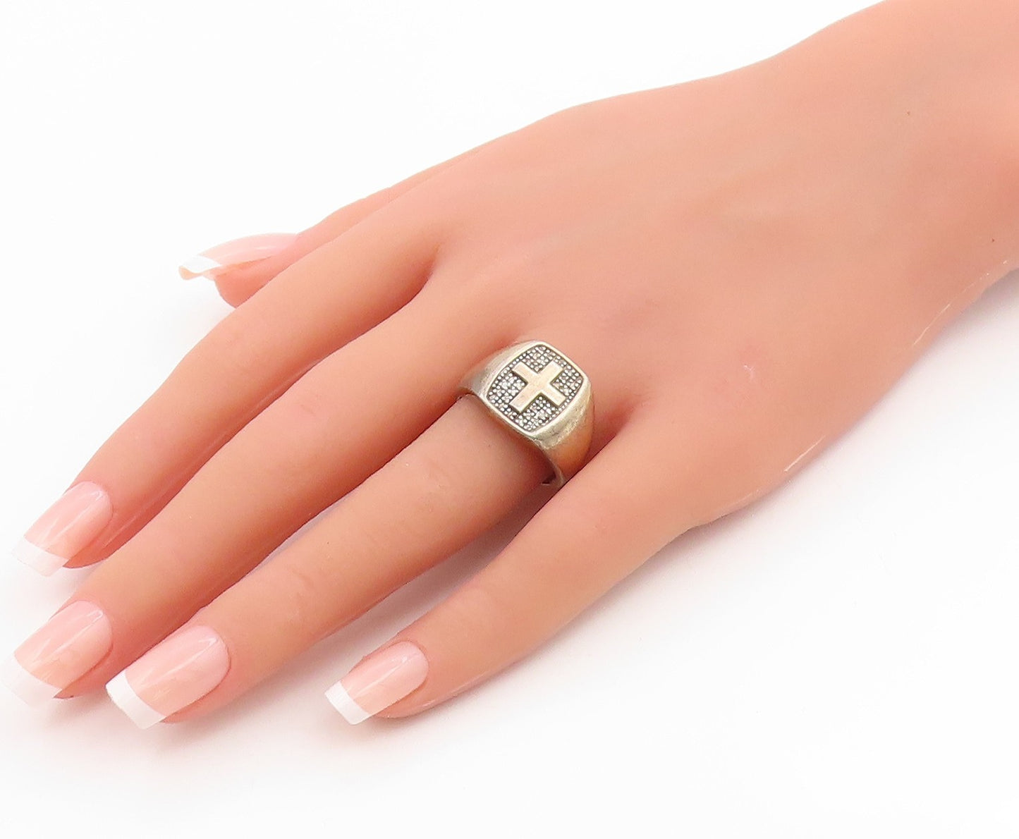 925 Sterling Silver Vintage Ring Real Diamonds Religious Cross  Sz 9  RG35900