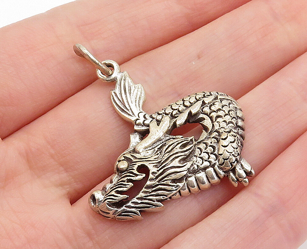 925 Sterling Silver  Vintage Dark Tone Etched Dragon Motif Pendant  PT5485