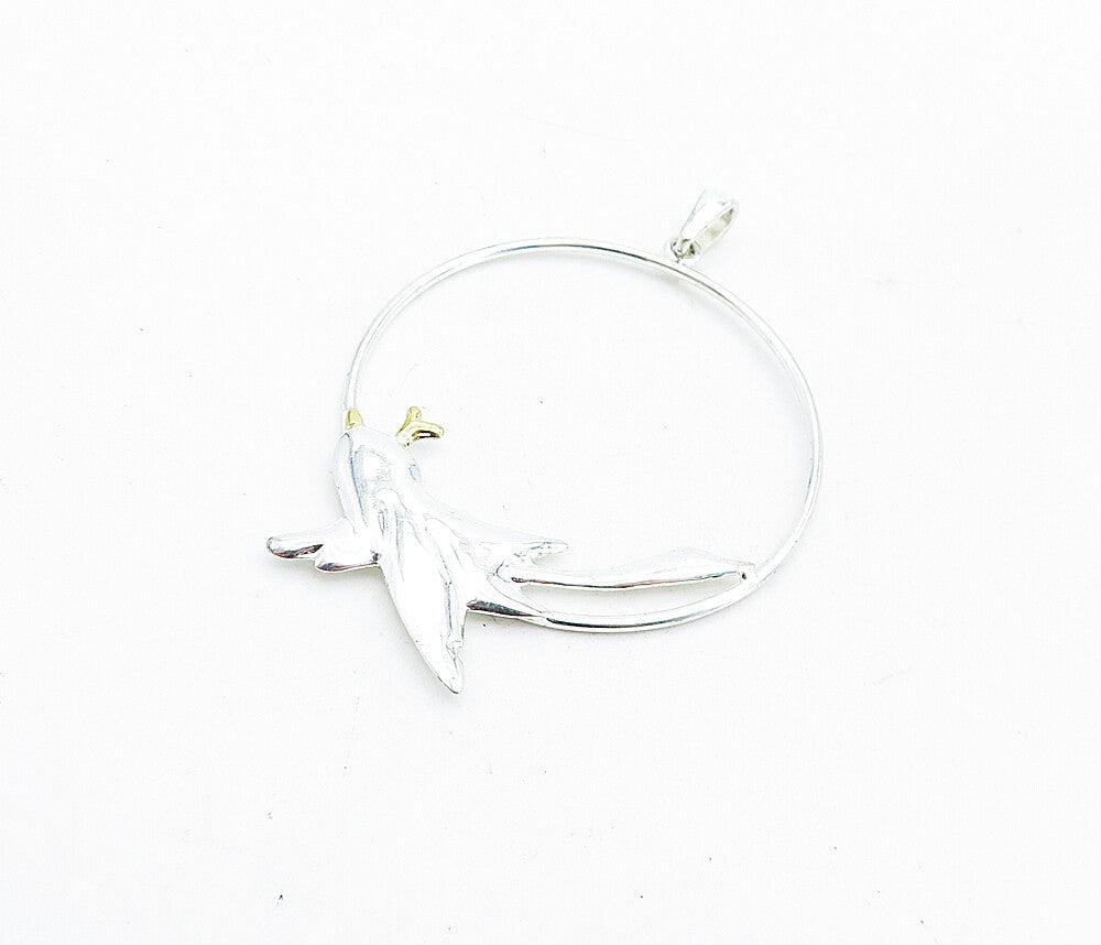 925 Sterling Silver  Shiny Two Tone Flying Bird Open Circle Pendant  PT3588