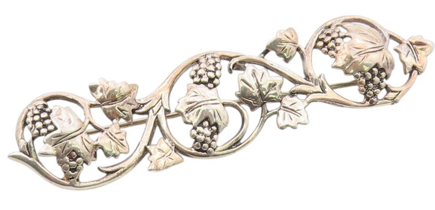 925 Sterling Silver Vintage Brooch Pin MFA Classic Grapevine & Leaf Bar  BP12563