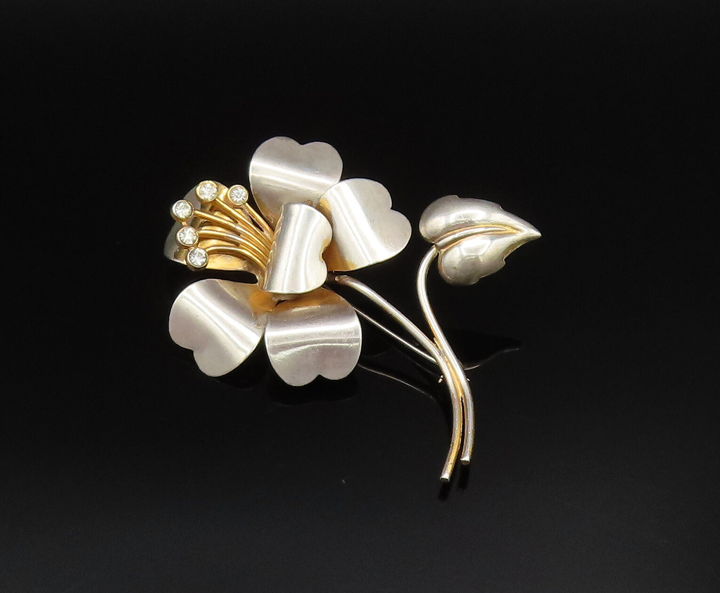 925 Silver  Vintage Two Tone Cubic Zirconia Stem Flower Brooch Pin  BP9914