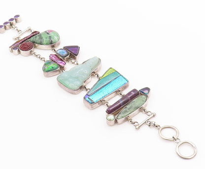 925 Sterling Silver Vintage Bracelet Heavy Designer Multi Stone Buddha  BT10357