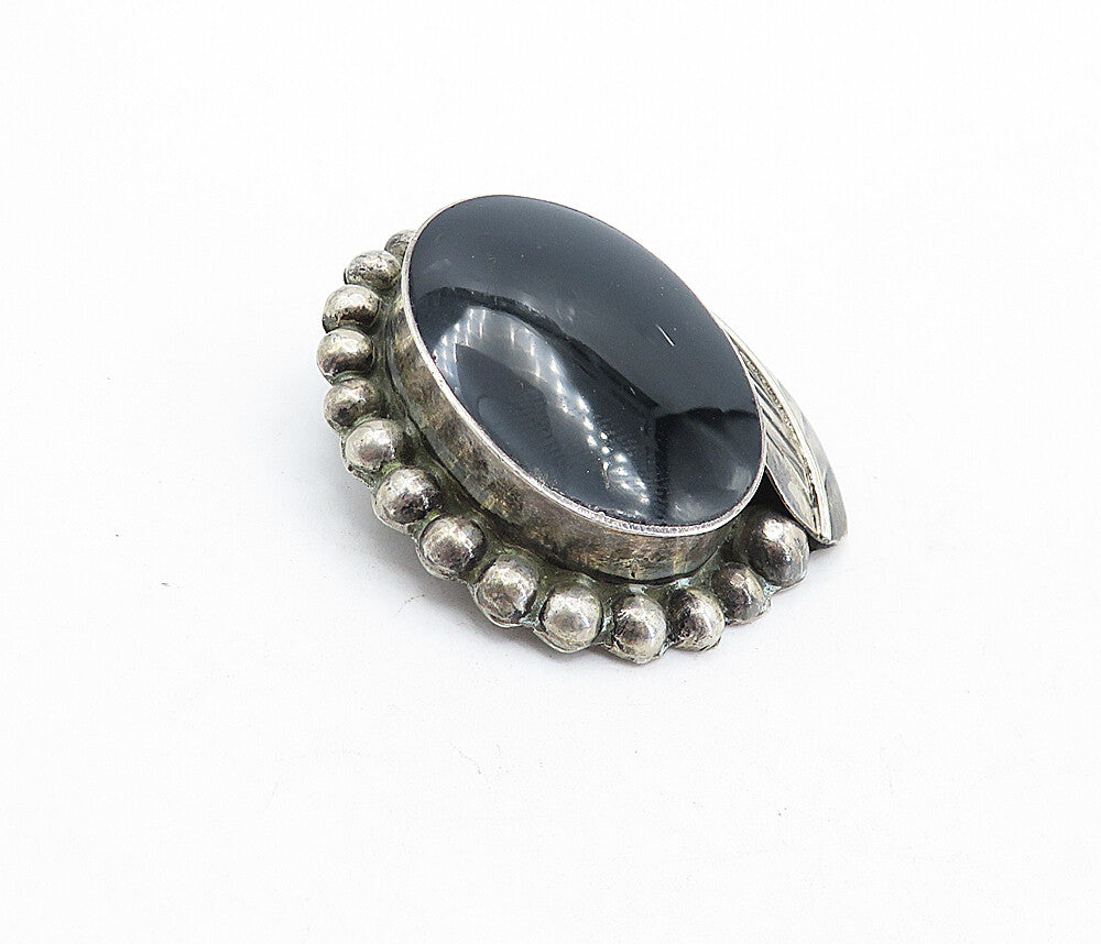 MEXICO 925 Sterling Silver  Vintage Black Onyx Floral Leaf Brooch Pin  BP1564