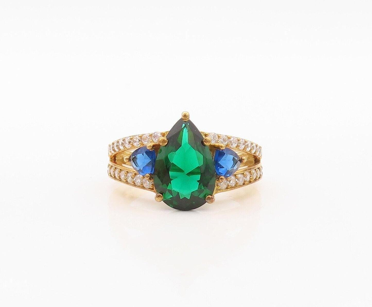 925 Sterling Silver Vintage Ring Gold Plated Green CZ & Sapphire  Sz 7  RG30069