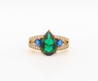 925 Sterling Silver Vintage Ring Gold Plated Green CZ & Sapphire  Sz 7  RG30069