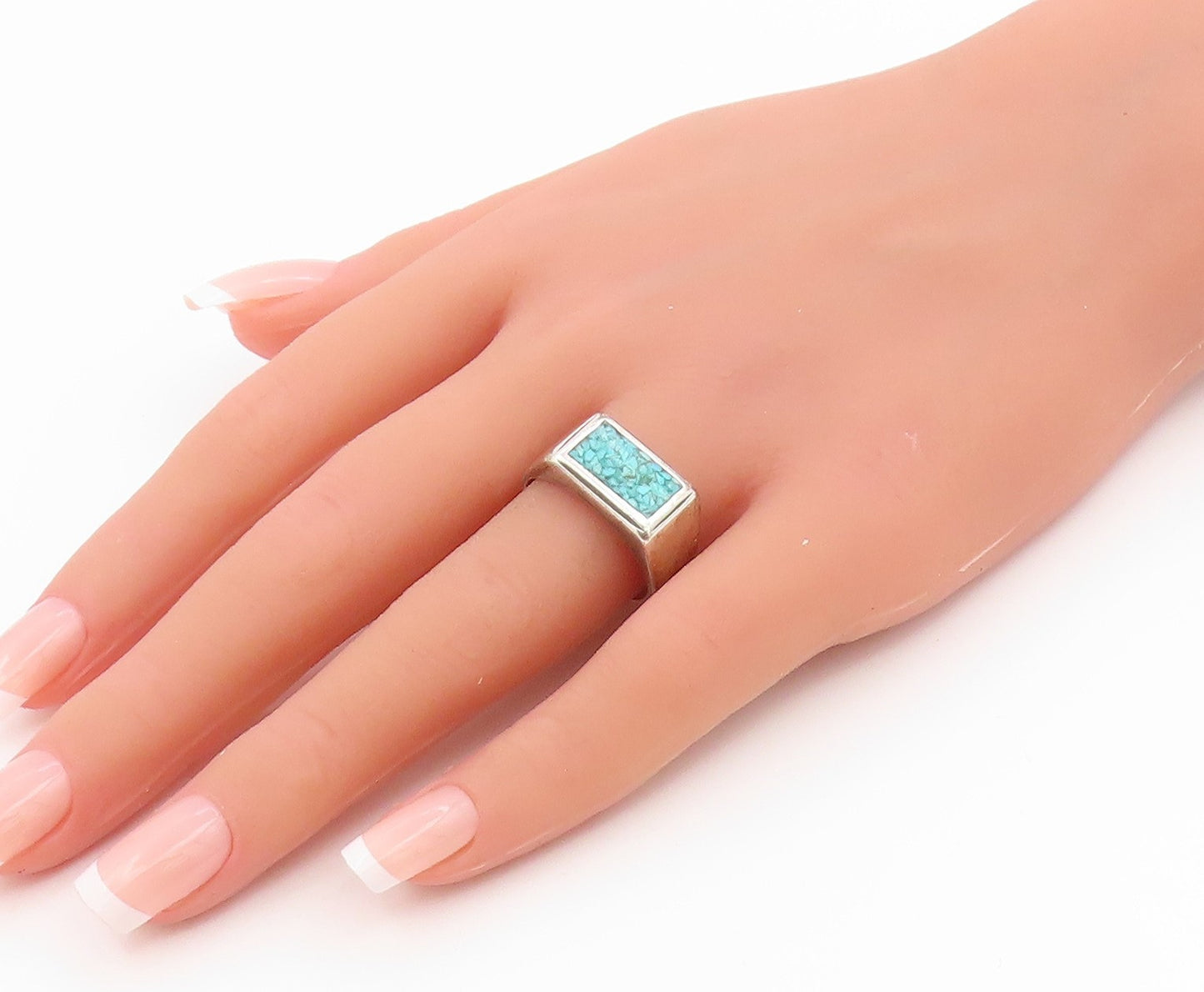 925 Sterling Silver Vintage Ring Crushed Turquoise Inlay Band  Sz 8.5  RG35743