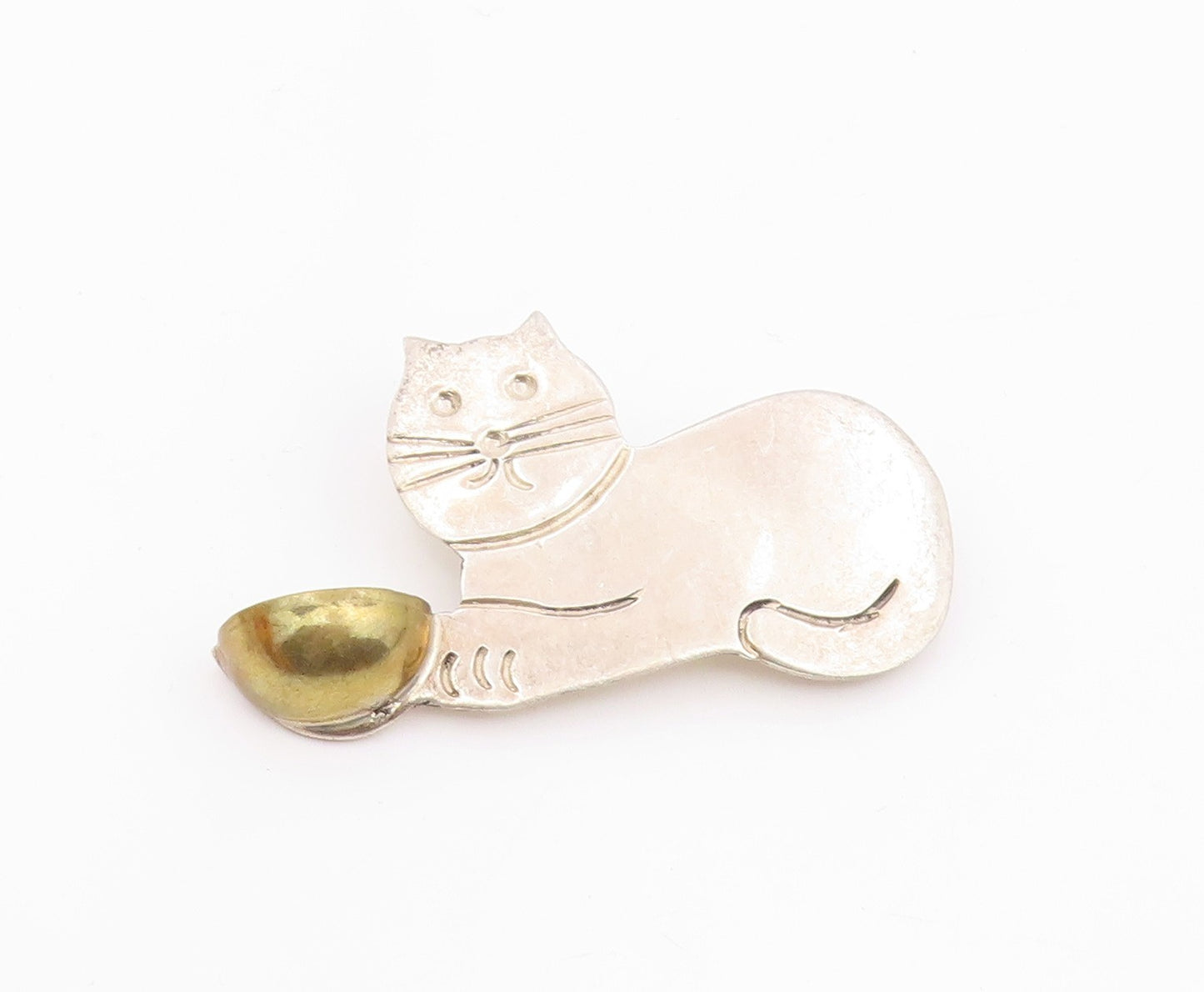 MEXICO 925 Sterling Silver Vintage Two Tone Cat & Bowl Brooch Pin  BP5125