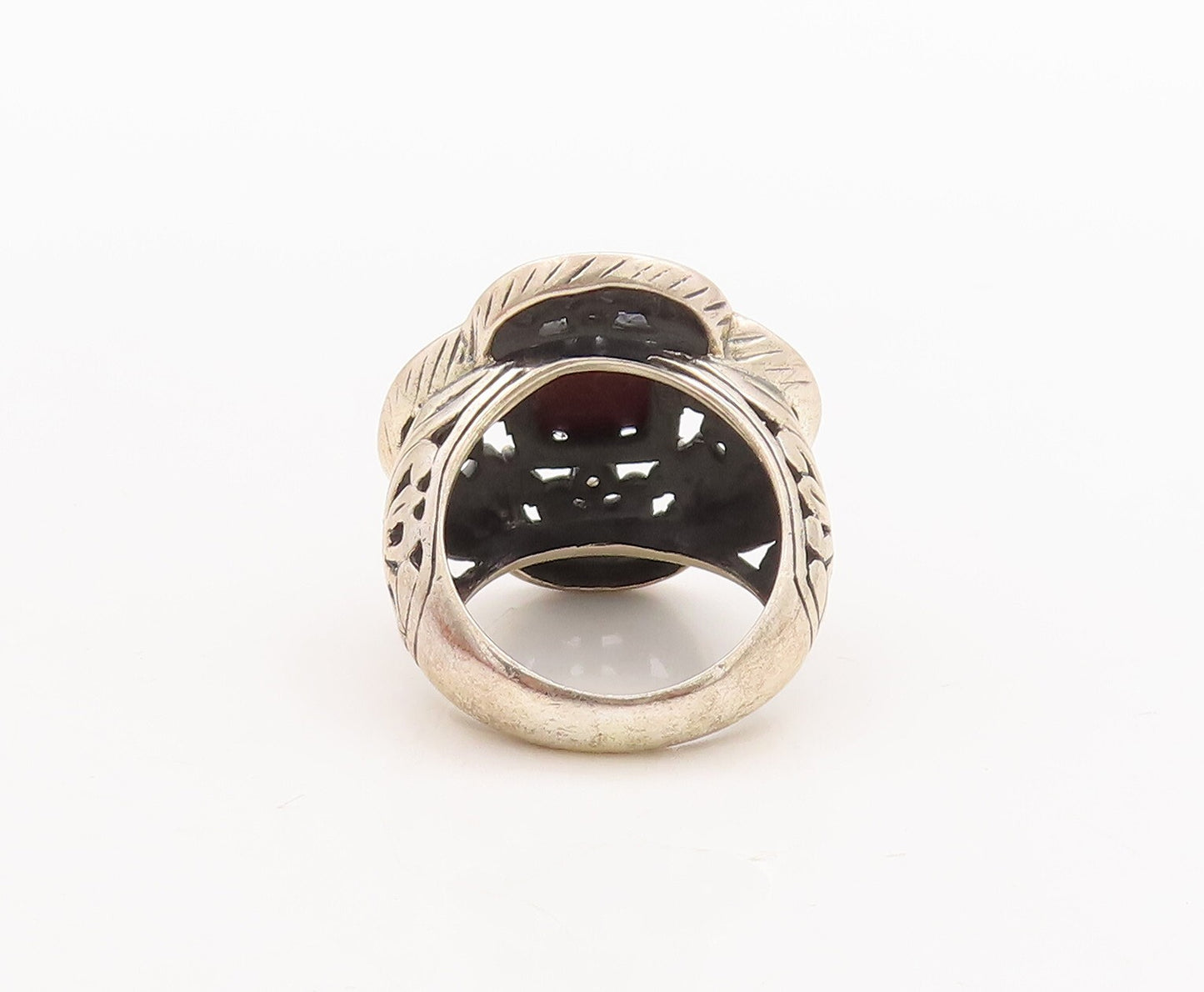 925 Sterling Silver Vintage Ring Swirly Carved Pink Gem & CZ Flower Sz 7 RG29175