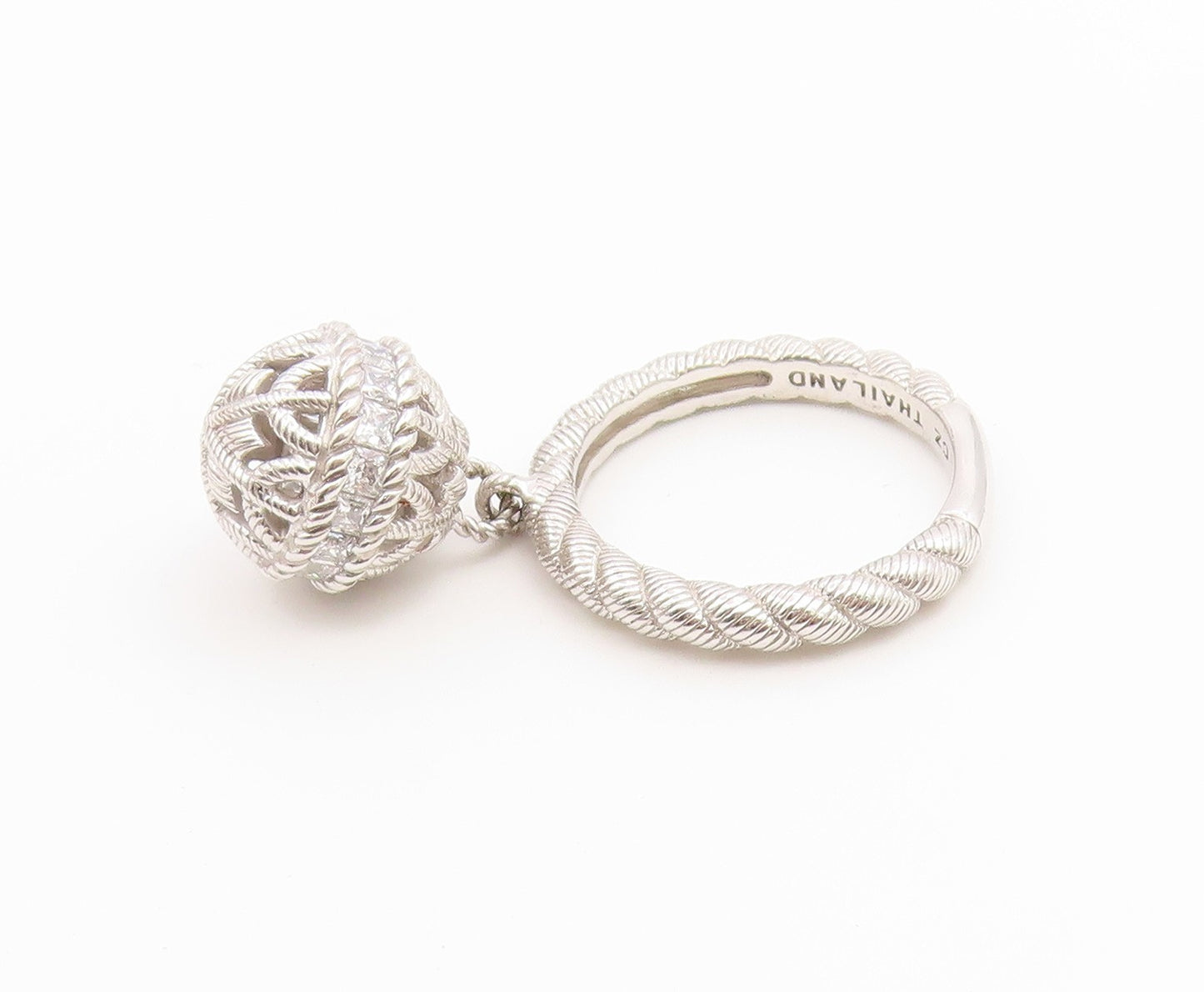 925 Sterling Silver Vintage Ring JUDITH RIPKA CZ Dangle Ball  Sz 7  RG36937