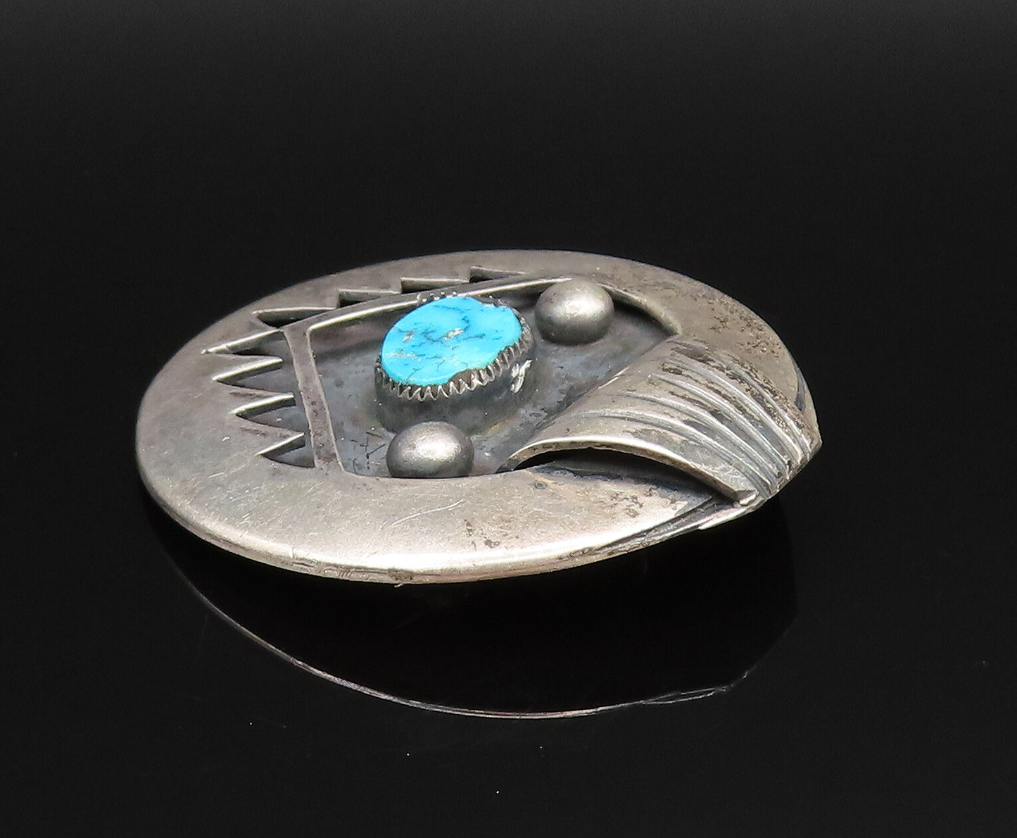 JH NAVAJO 925 Silver  Vintage Carved Paw Motif Turquoise Brooch Pin  BP9818