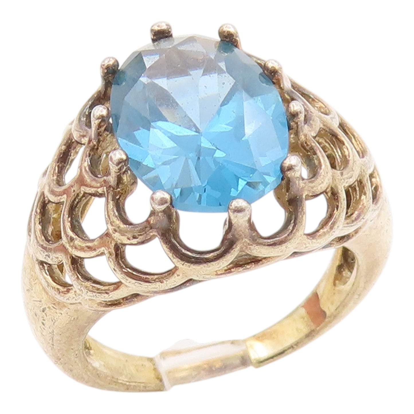 925 Sterling Silver Vintage Ring Gold Plated Blue Topaz Openwork  Sz 8  RG35694