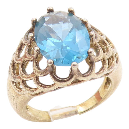 925 Sterling Silver Vintage Ring Gold Plated Blue Topaz Openwork  Sz 8  RG35694