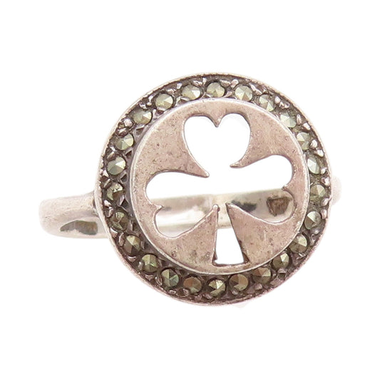 925 Sterling Silver Vintage Ring Cut Clover leaf Halo Marcasite  Sz 7.5  RG32939