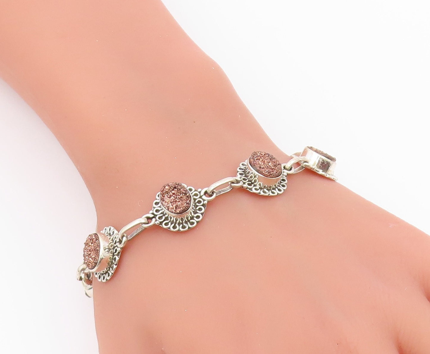 925 Sterling Silver  Druzy Stone Shiny Floral Link Chain Bracelet  BT3641