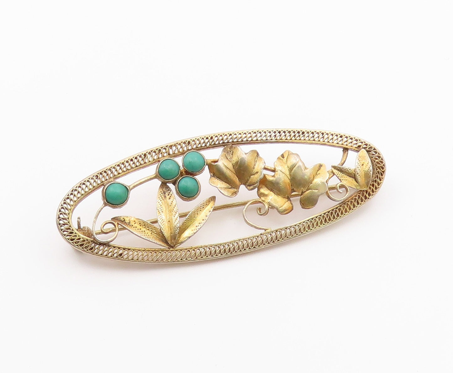 925 Sterling Silver  Vintage Petite Turquoise Floral Leaf Brooch Pin  BP8677