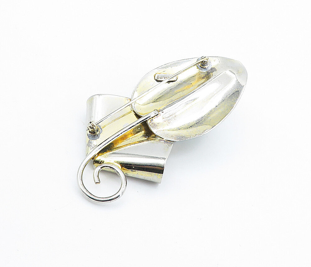 925 Sterling Silver  Vintage Green Topaz Shiny Modernist Brooch Pin  BP2444