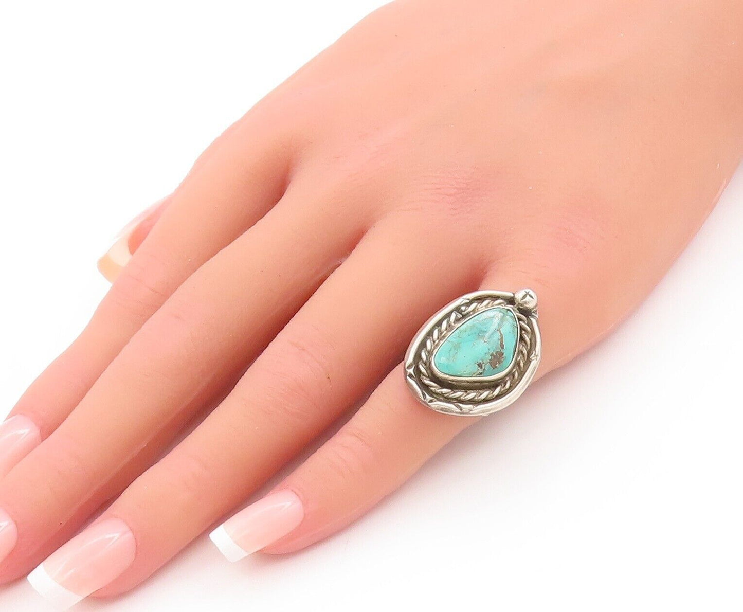 925 Sterling Silver Vintage Ring NAVAJO Turquoise Roped Carved  Sz 4.5  RG28384