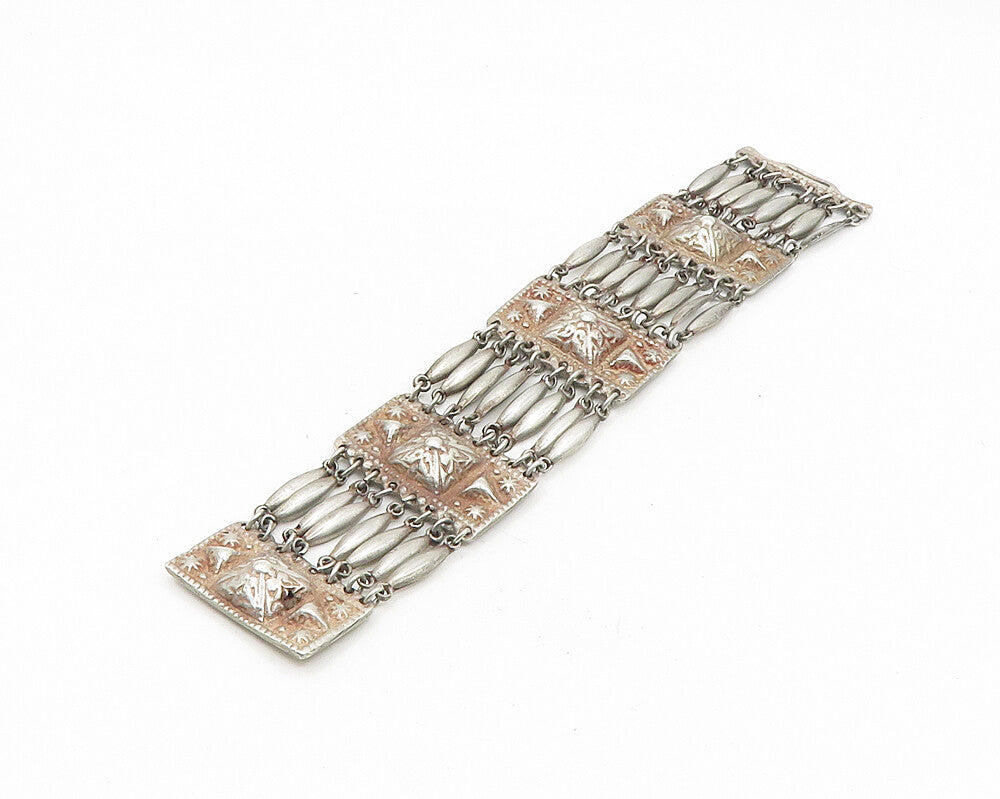 MEXICO 925 Silver  Vintage Antique Floral Dome Detail Chain Bracelet  BT7278
