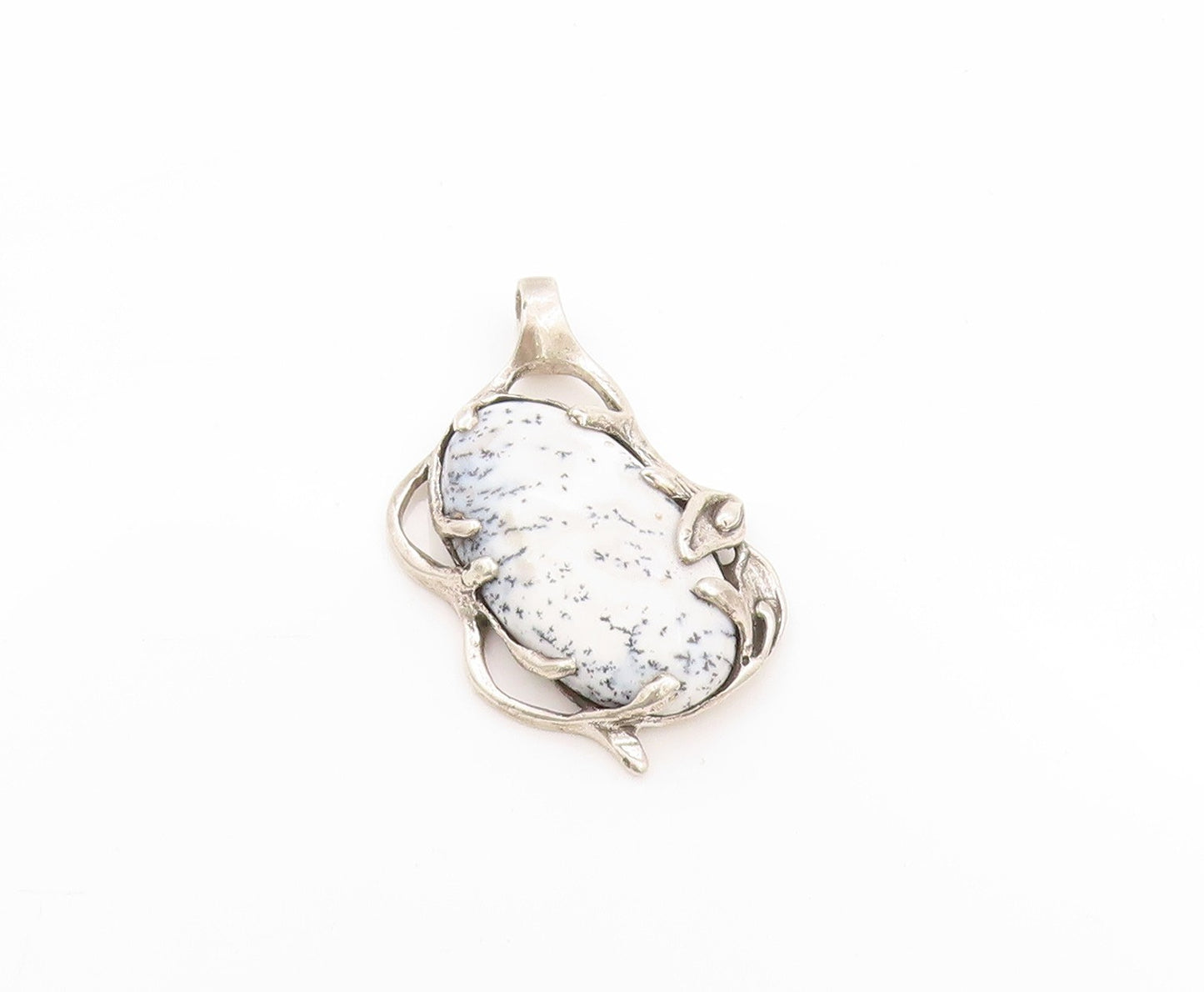 925 Sterling Silver Vintage Pendant Oval Gemstone Brutalist Carved  PT24108