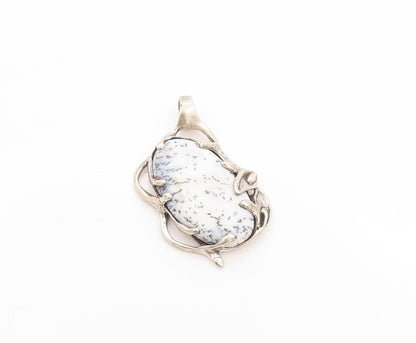 925 Sterling Silver Vintage Pendant Oval Gemstone Brutalist Carved  PT24108