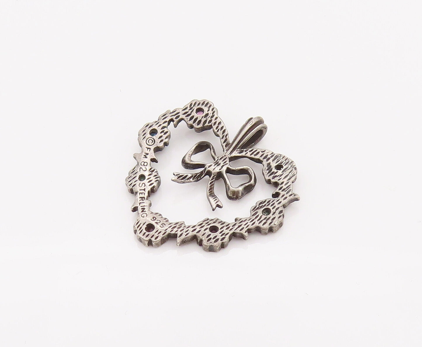 925 Sterling Silver  Vintage Flower Band Heart With bow Topaz Pendant  PT22154