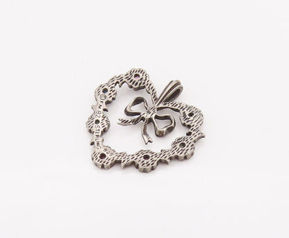 925 Sterling Silver  Vintage Flower Band Heart With bow Topaz Pendant  PT22154