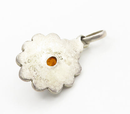 925 Sterling Silver  Vintage Cabochon Cut Amber Floral Swirl Pendant  PT11703