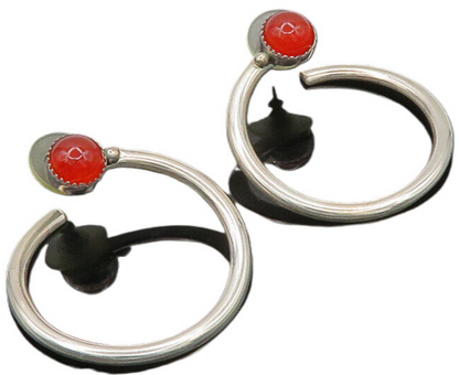 925 Sterling Silver  Vintage Cabochon Carnelian Round Hoop Earrings  EG10006