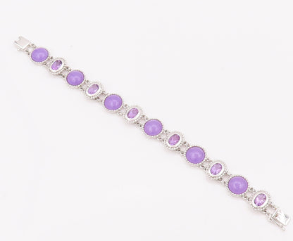 925 Sterling Silver Vintage Bracelet Oval & Round Amethyst Halo Beaded  BT10428