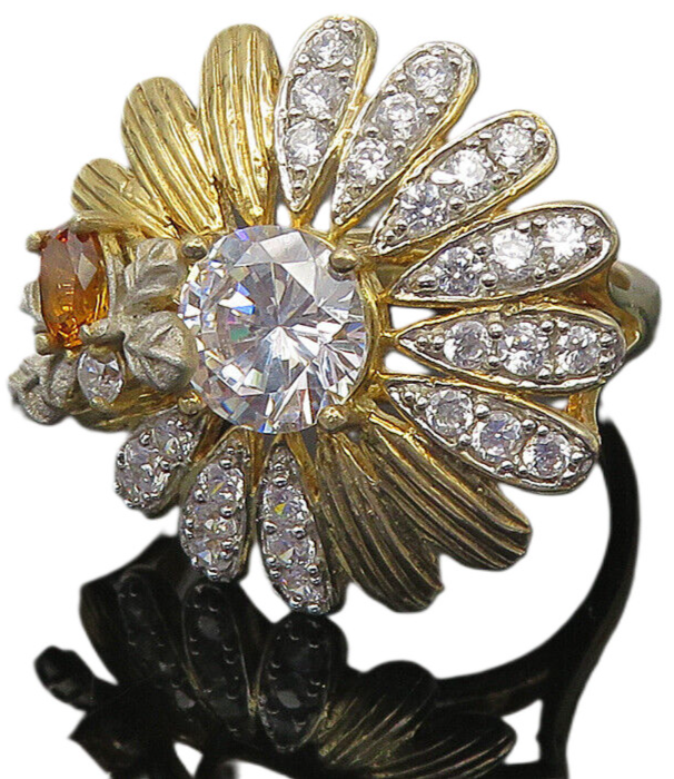 JACMEL 925 Silver  Cubic Zirconia & Citrine Floral Cocktail Ring Sz 8  RG10785