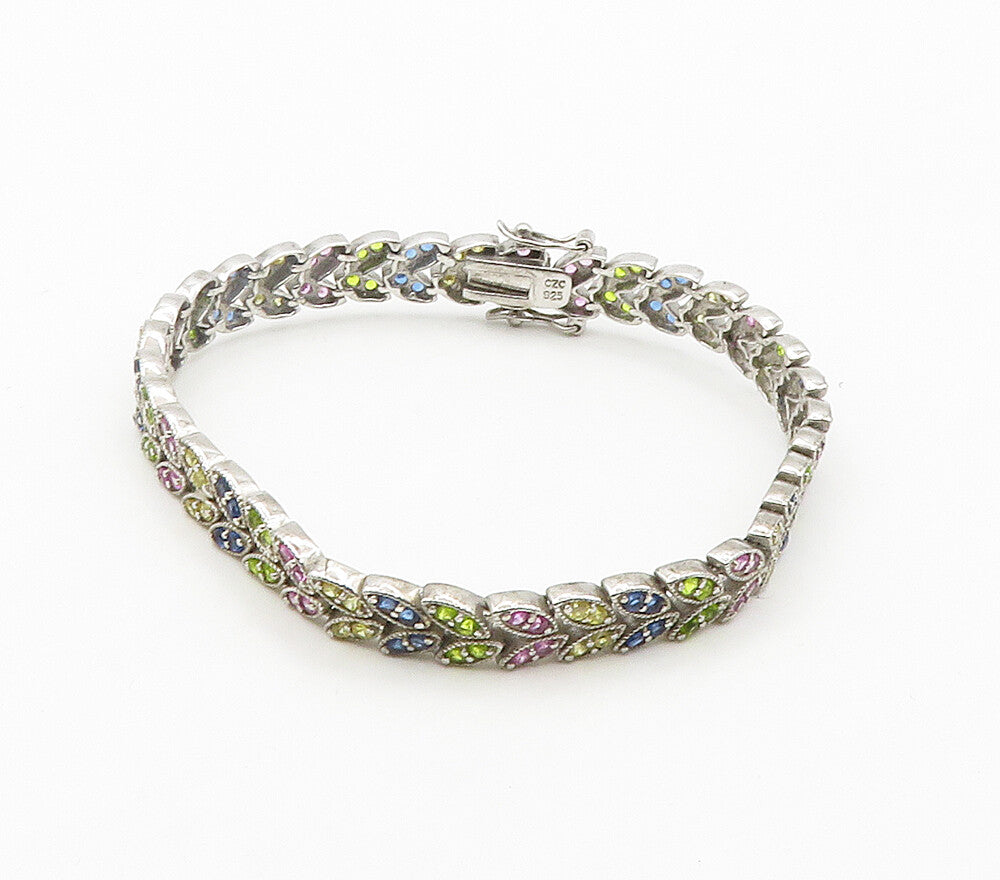 925 Sterling Silver Peridot & Multi Color Topaz Floral Chain Bracelet BT6483