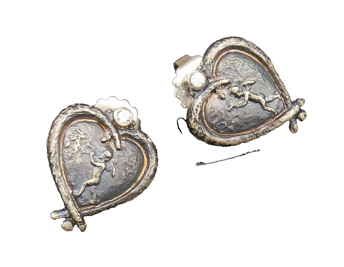 DESIGNER 925 Silver  Vintage Carved Figure Heart Shaped Topaz Earrings EG12187