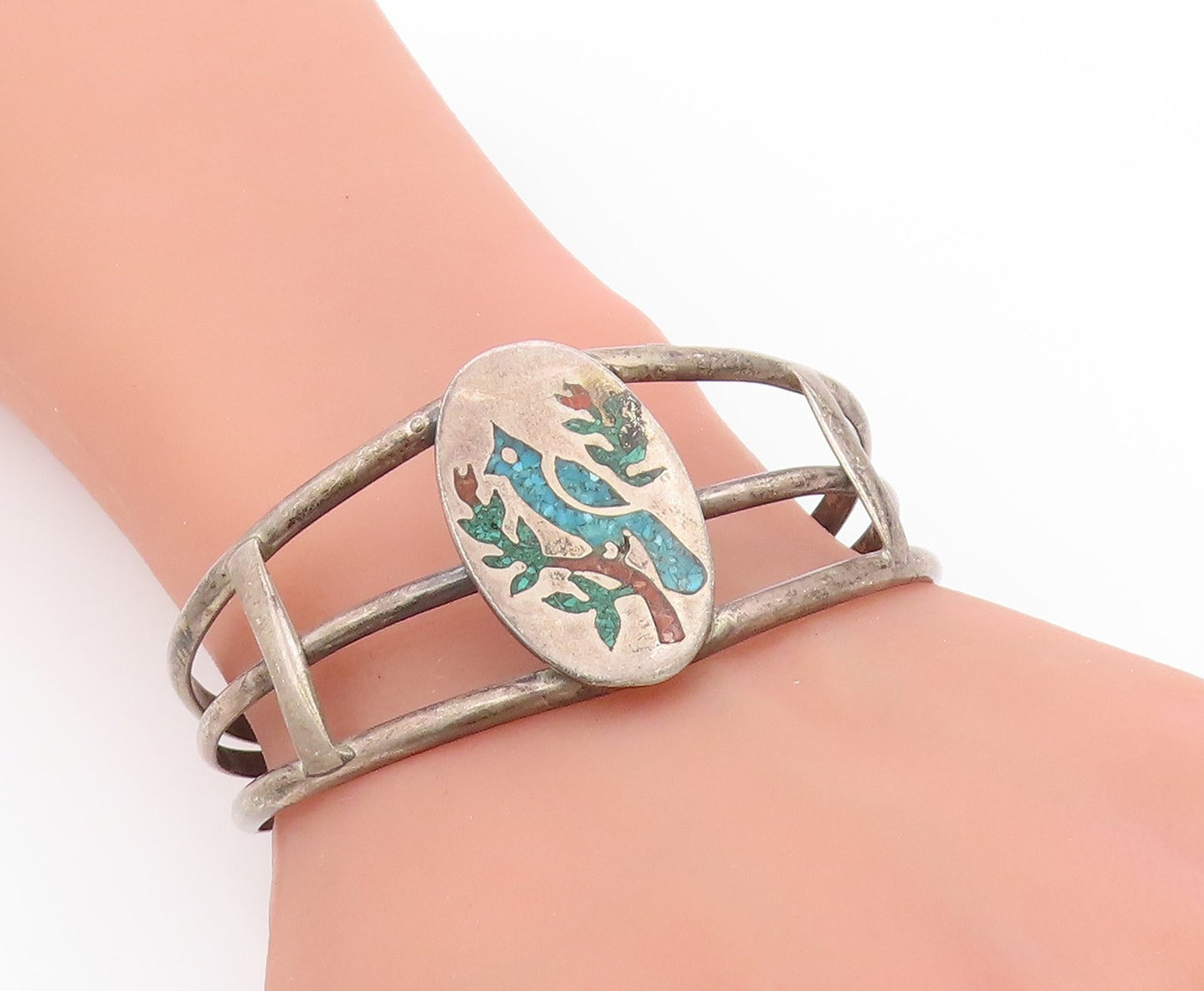 925 Sterling Silver Vintage Bracelet  Crushed Turquoise Bird On Branch   BT11385
