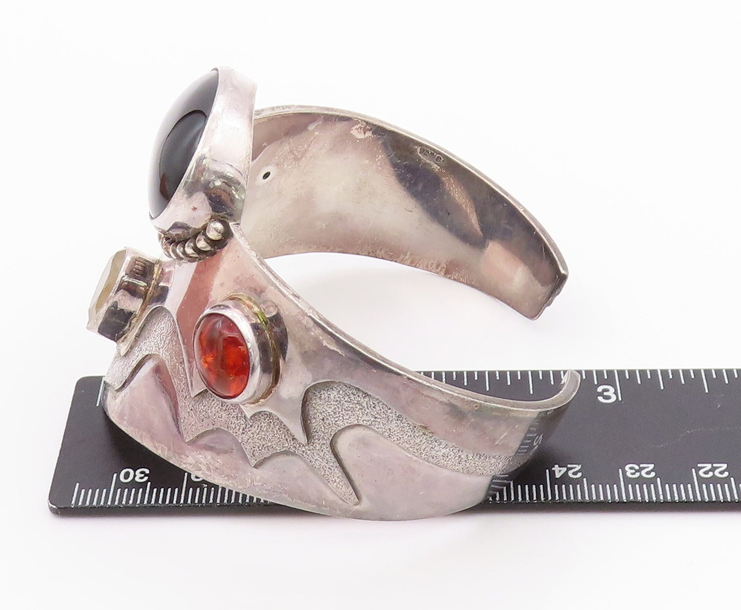 925 Sterling Silver Vintage Bracelet BALI Large Heavy Onyx Amber Topaz  BT11345