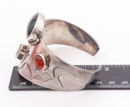 925 Sterling Silver Vintage Bracelet BALI Large Heavy Onyx Amber Topaz  BT11345