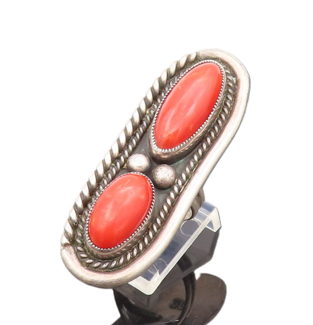 NAVAJO 925 Sterling Silver Vintage Oblong Red Turquoise Ring Sz 5  RG26546