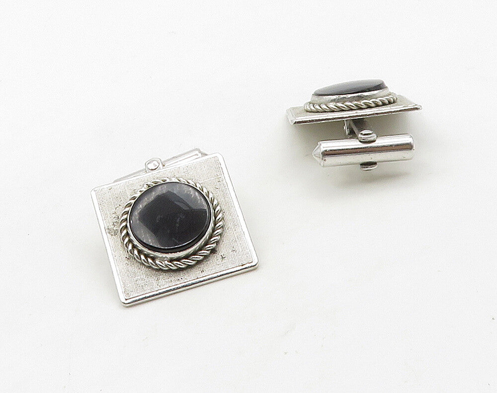 DESTINO 925 Sterling Silver  Vintage Black Onyx Shiny Square Cufflinks  TR2271